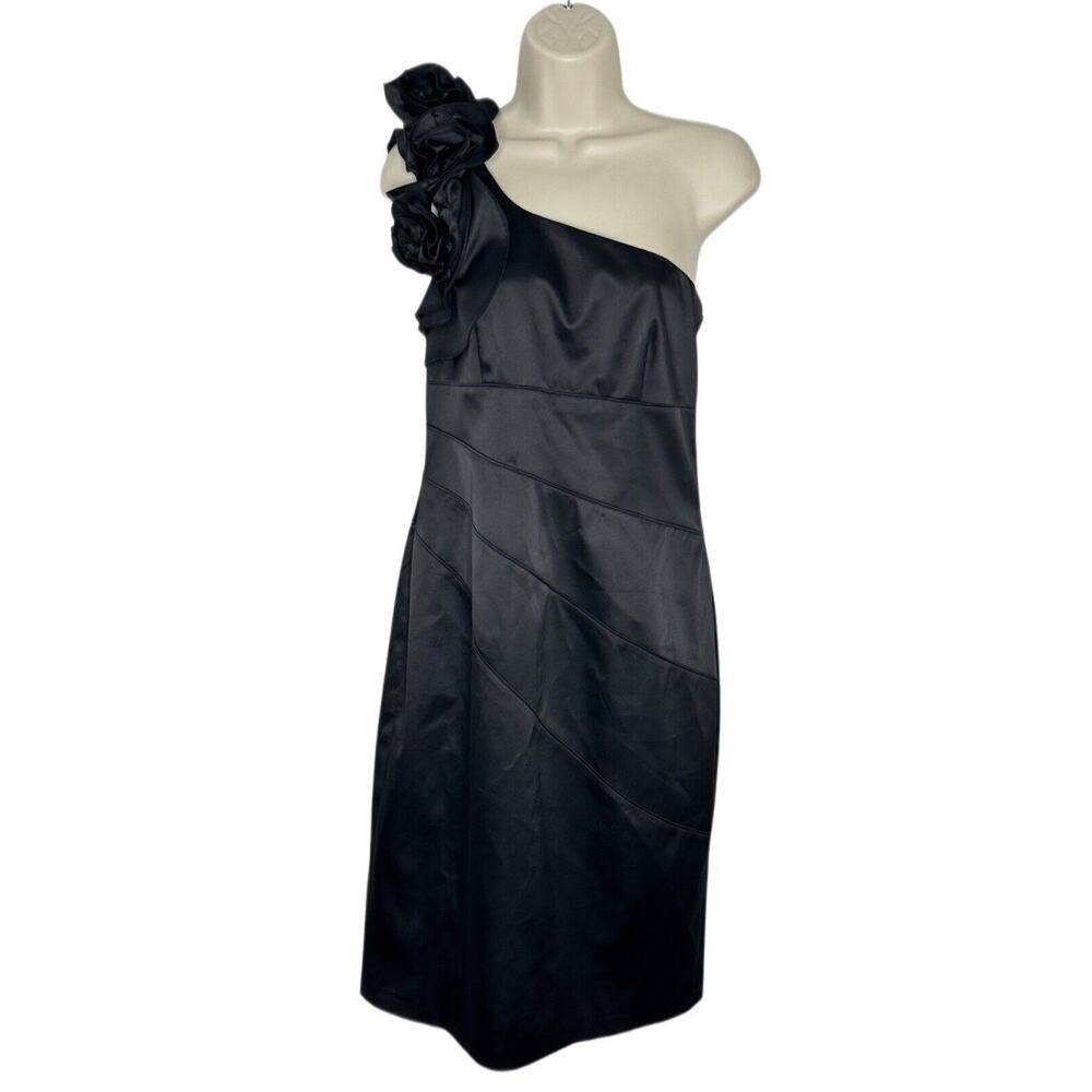 JESSICA SIMPSON Black SATIN One Shoulder ROSETTES Cocktail Dress Sz 6 New